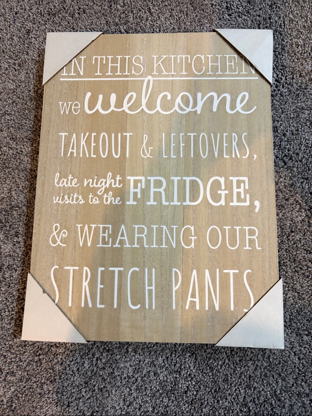 Welcome Kitchen Wall Sign - White Text on Tan Wood
